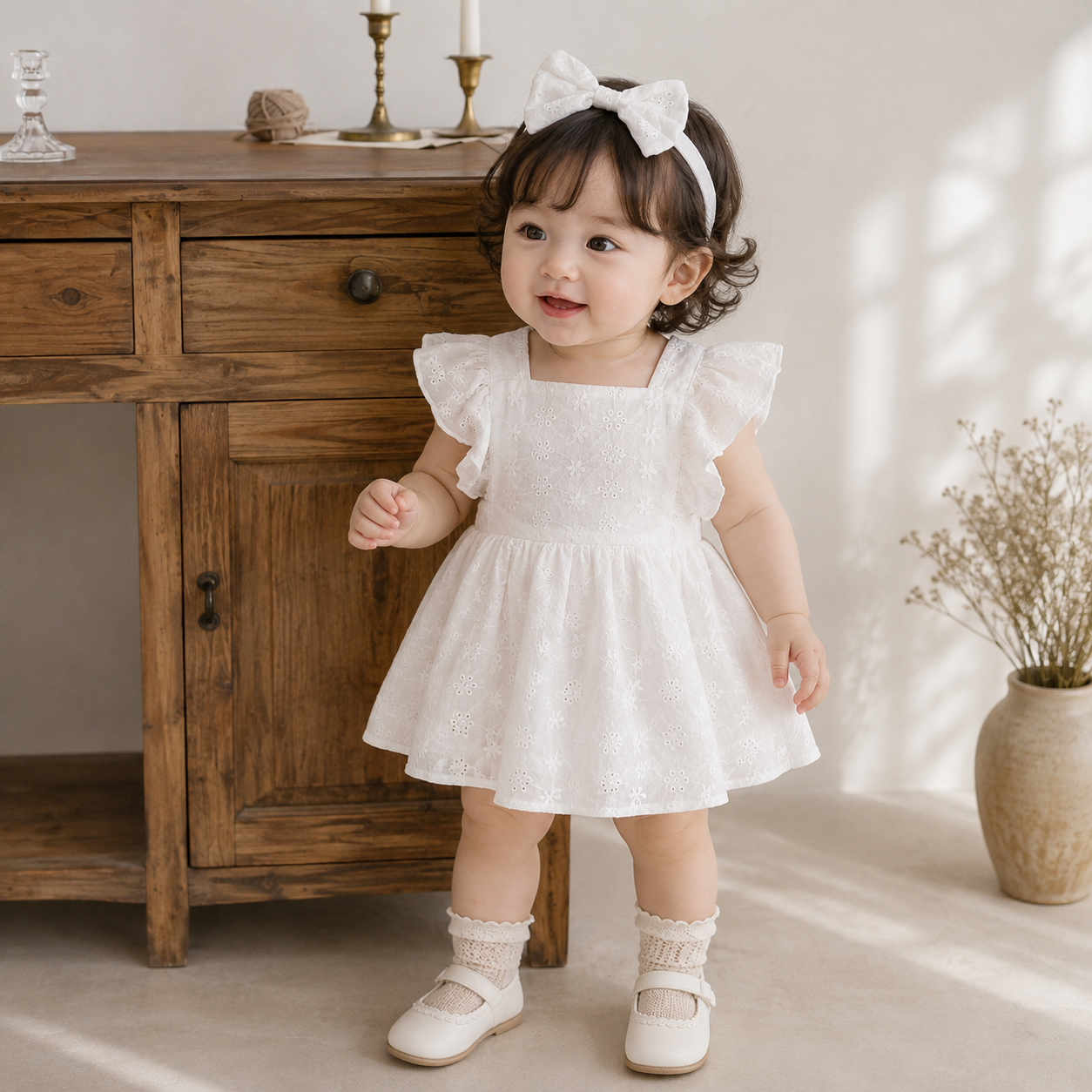 White Floral Flutter-Sleeve Dress