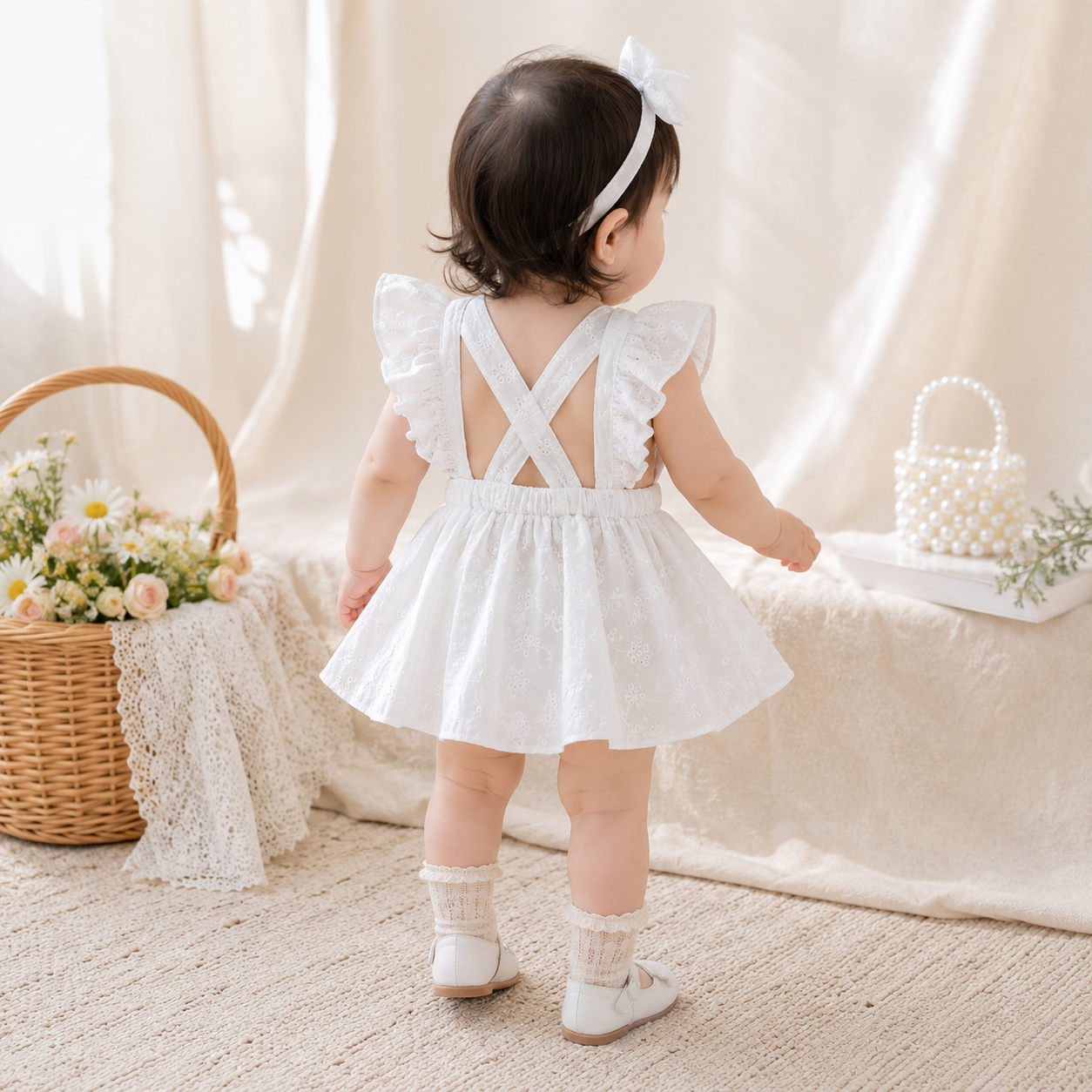 White Floral Flutter-Sleeve Dress