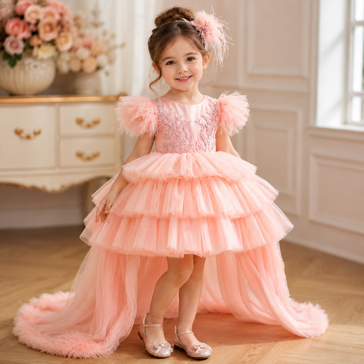 Girls’ Elegant Princess Dress with Layered Cake Skirt