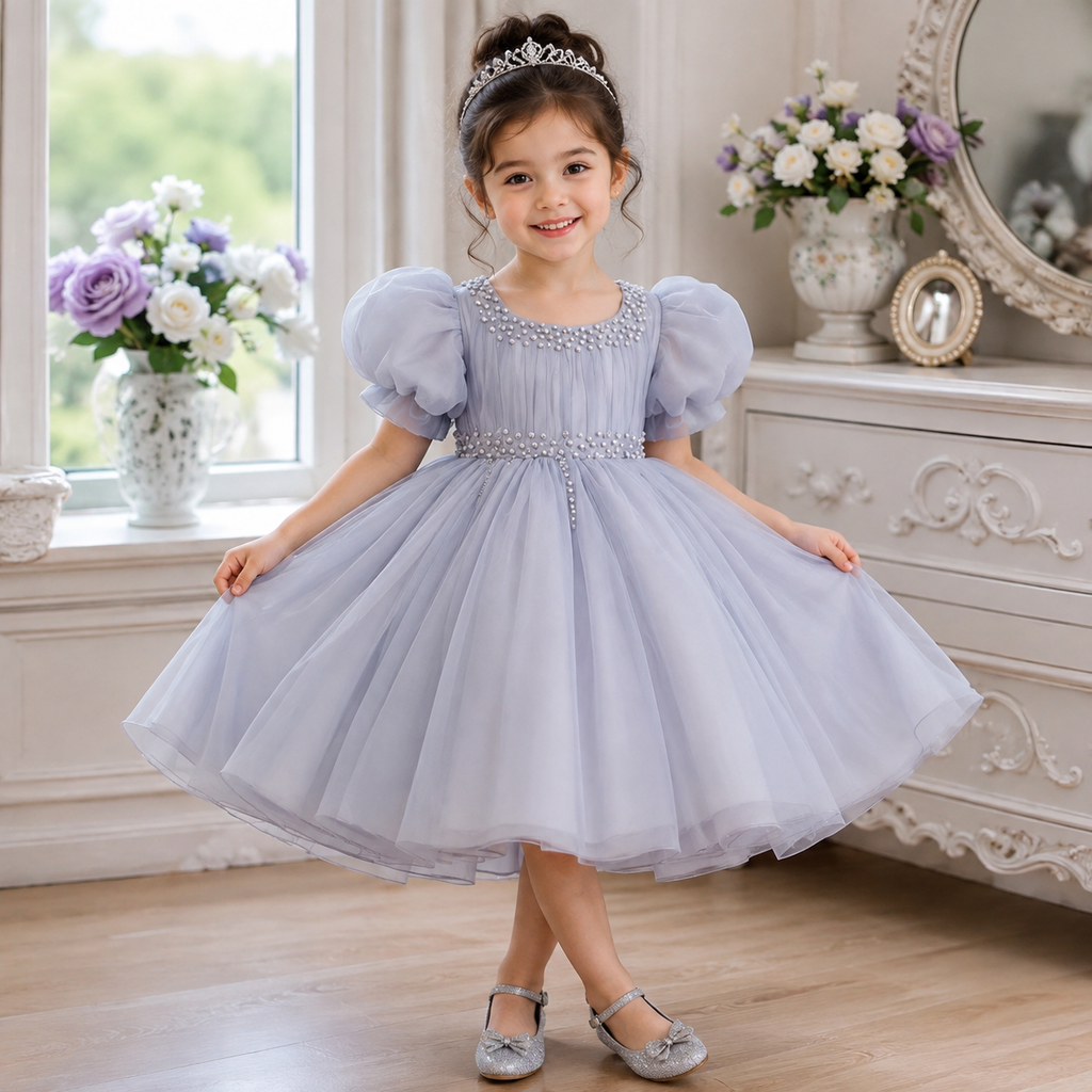 Girls’ French-Inspired Puff Sleeve Princess Dress